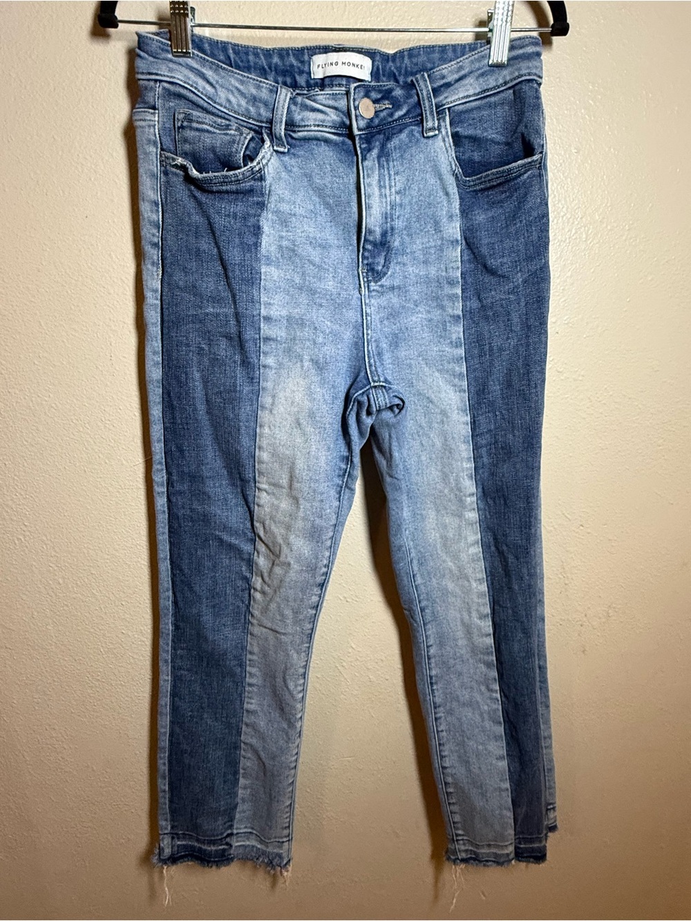 Flying Monkey Contrast Panel Skinny Jeans in Light & Dark Blue